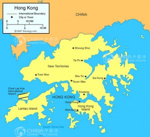 Map showing Hong Kong (which has a separate parliament and currency) and the clear border separating it from China. 