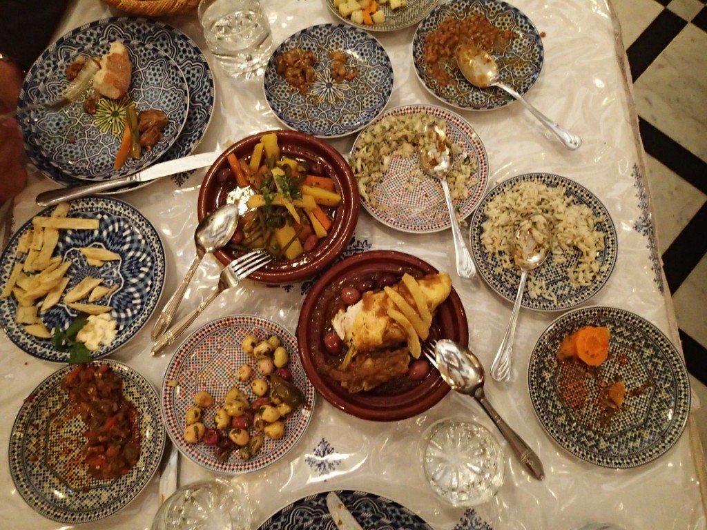 Lunch: tagines, vegetables, olives and dips