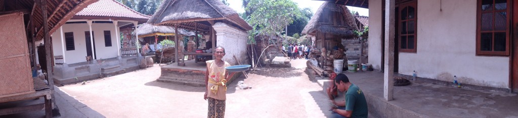 Traditional Balinese village. There are separate buildings for cooking, sleeping and an area reserved for religious shrines.