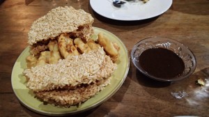 rice cakes, banana fritters with homemade chocolate sauce
